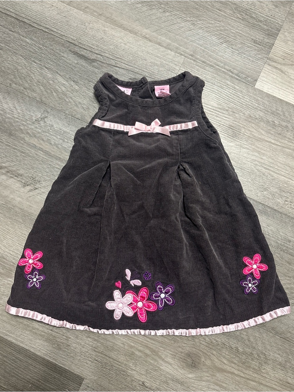 Toddler Girls' Charcoal Corduroy Dress with Pink Floral Accents